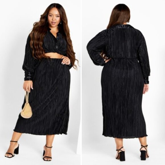City Chic Hailee Black Plisse Midi Side-Split Skirt - NEW - Picture 1 of 13
